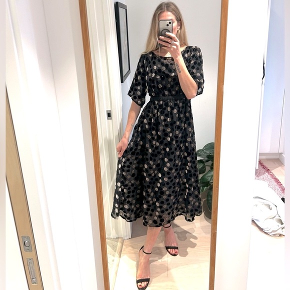 Handmade Velvet Velour Silver Black Polka Dot Maxi Midi Mesh Lined Dress - Picture 5 of 13